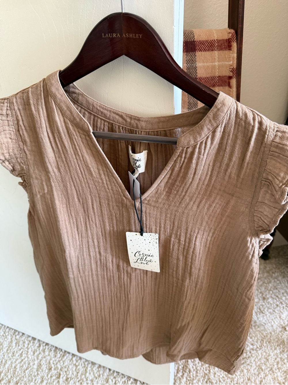 Women's Tan Gauze V-Neck Top
